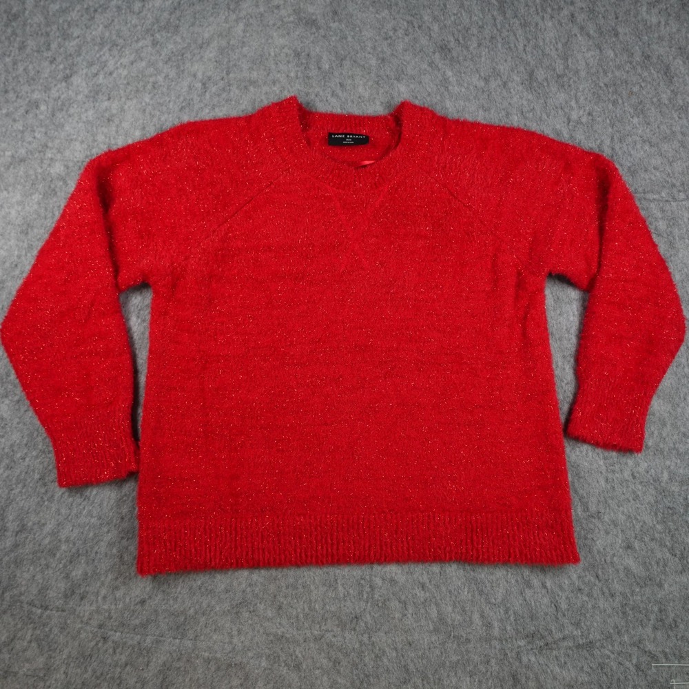Lane Bryant Sweater Women 14/16 Red Metallic Eyelash Knit Sparkle Crew Neck